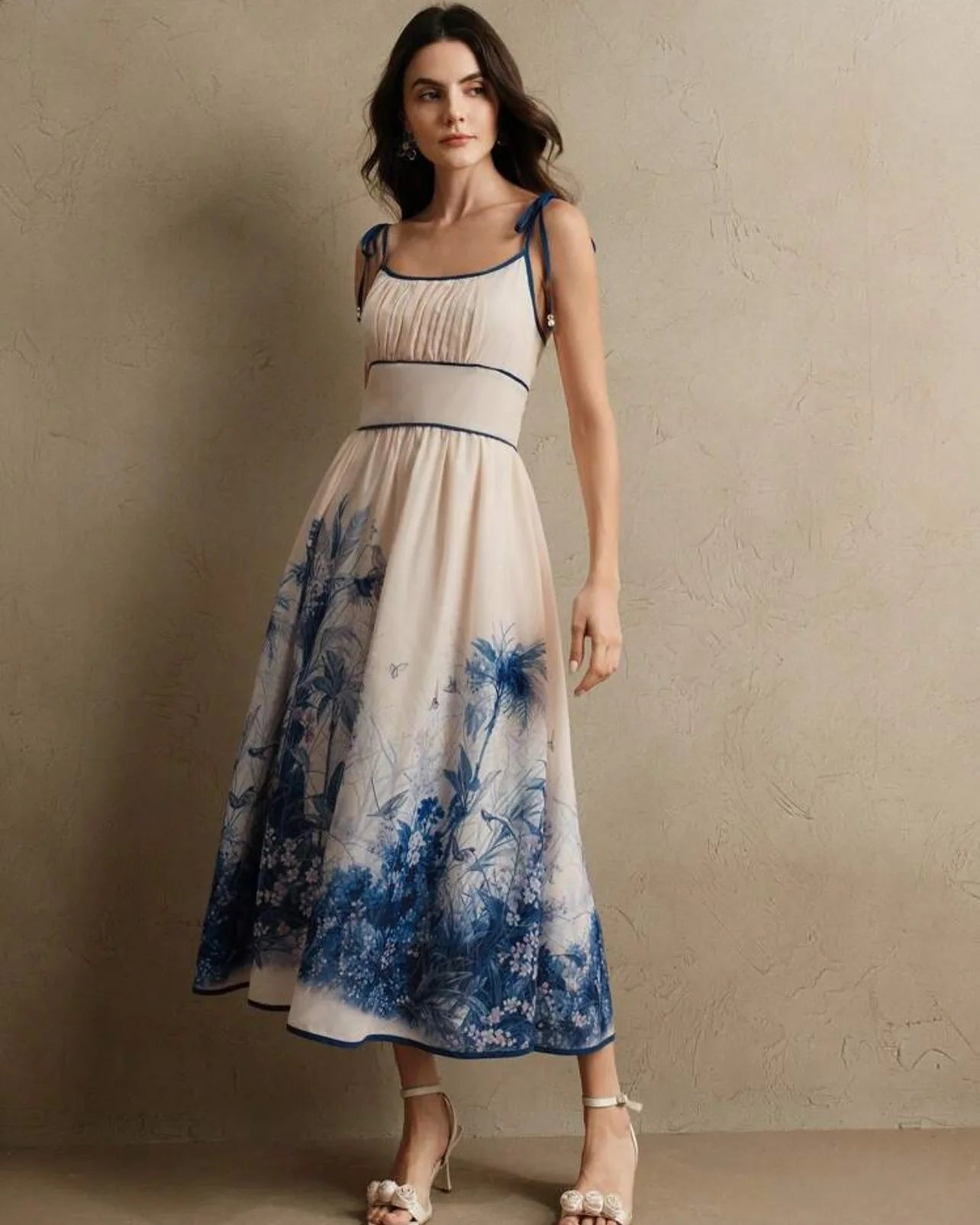 Classic A-Line V-Neck Pleated Bodice MIDI Dress