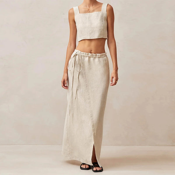 Sexy 100% Linen Retro French Split MAXI Skirt