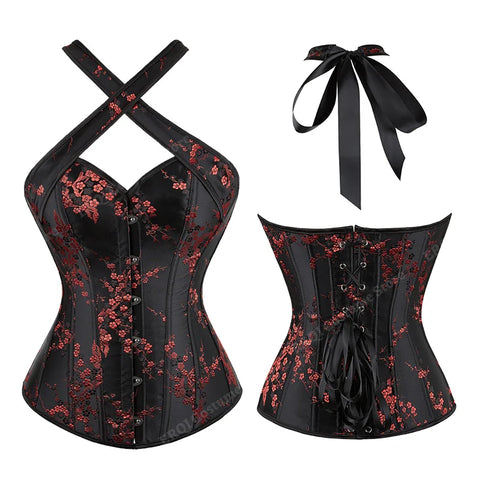 Retro Steel-Boned Overbust Floral Jacquard Halter Top Corset