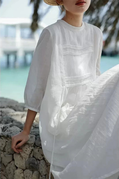 100% Ramie Pleated Double Layer Lace-Up MAXI Dress