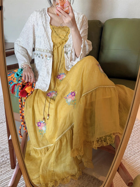 100% Ramie Embroidered A-Line Lace Patchwork MIDI Dress