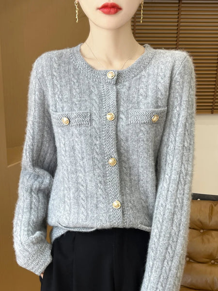 100% Merino Wool Buttoned Chanel Style Cable Knit Cardigan
