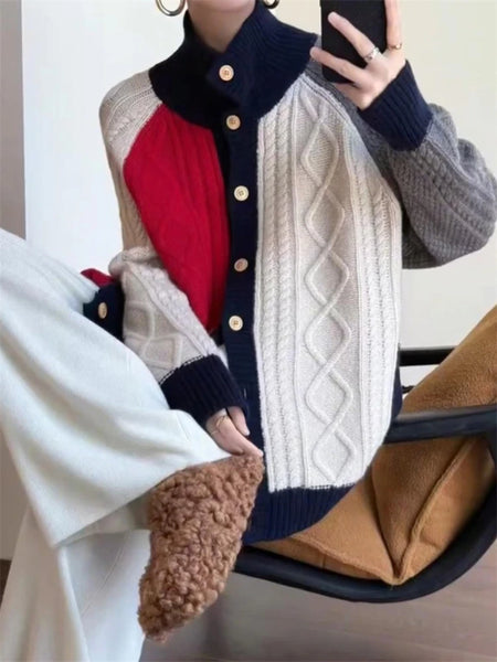 100% Merino Wool Intricately Twisted Patchwork Multicolored Cardigan