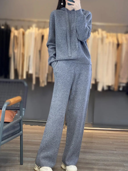 2 Piece 100%Australian Wool Hoodie + Palazzo Pants Set