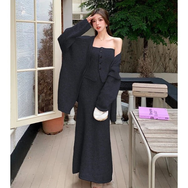 3 Piece Sexy Elegant Cotton Linen Blend Cardigan+Vest+MAXI Skirt Set - Wigging It Etc