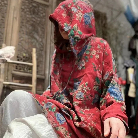 Vintage Floral Breathable Cotton Linen Hoodie Sweatshirt - Wigging It Etc