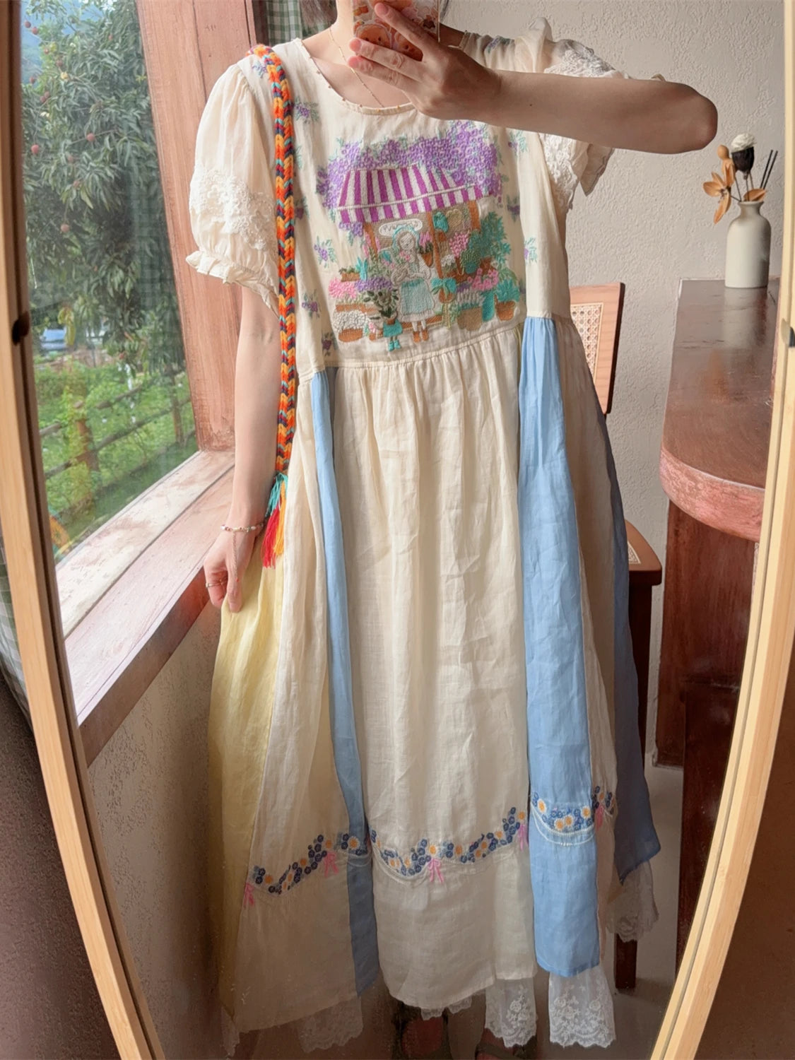 Exquisitely Embroidered Quirky A-Line Ramie+Linen  MIDI Dress