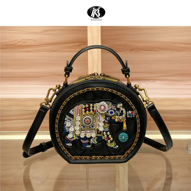 Stylish Circular Versatile Embroidered Crossbody + Shoulder Bag