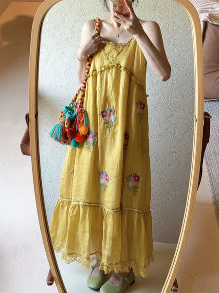 100% Ramie Embroidered A-Line Lace Patchwork MIDI Dress