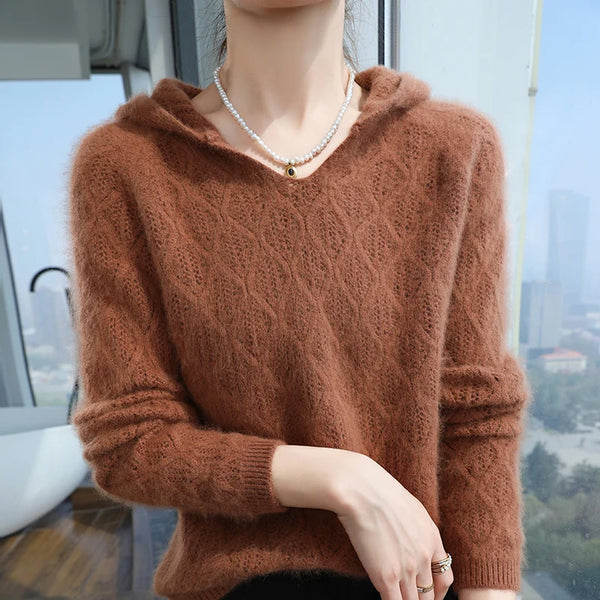 Thick Warm 100% Mink Cashmere Hooded Pullover Autumn Winter Sweater