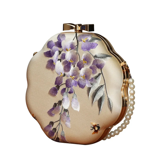 Exquisite Silky Embroidered Octagonal Pearly Strap MINI Shoulder Bag