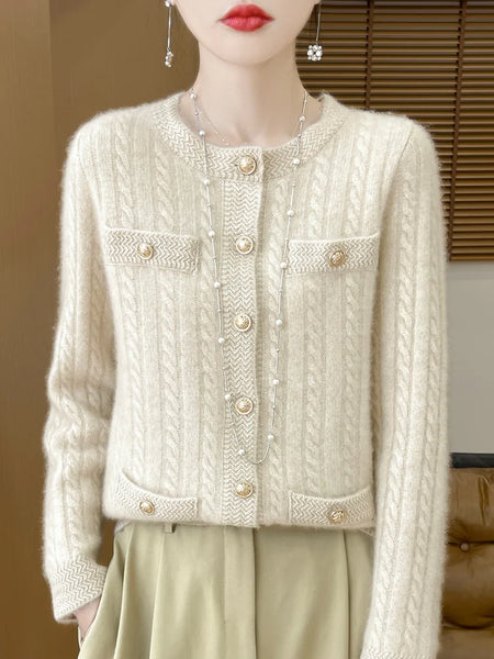 100% Merino Wool Buttoned Chanel Style Cable Knit Cardigan