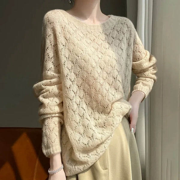 Premium Quality Cashmere+Mulberry Silk Blended Hollowed Baggy Sweater