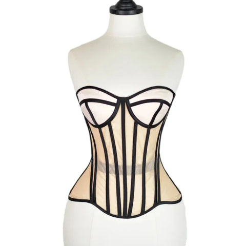 Vintage Push-Up Bodice Lace-Up Steel-Boned Transparent Mesh Corset