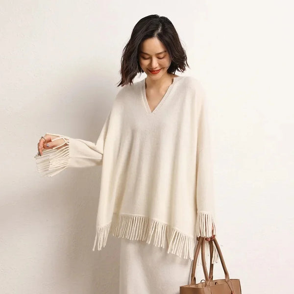 Roomy 2 Piece 100% Cashmere Tasseled Bohemian Sweater+MIDI Skirt Set