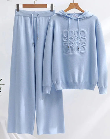 2-Piece Cotton-Blend Casual-Chic Hooded Knit Top + Palazzo Pants Set