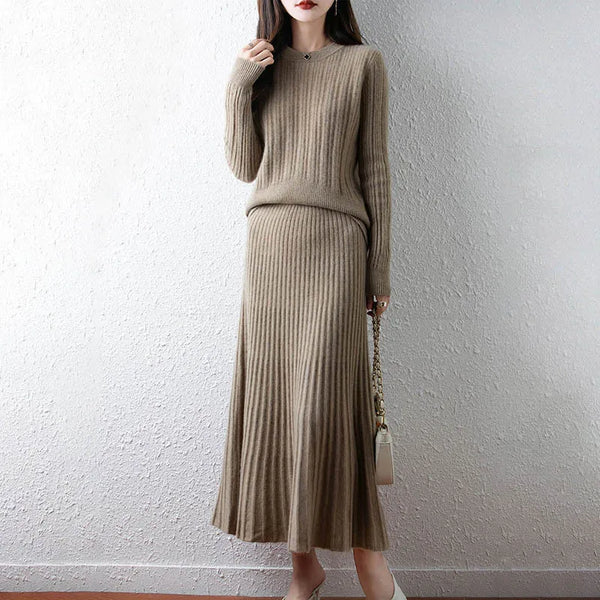 Elegant 100% Merino Wool Pullover Sweater+A-Line MAXI Skirt Set