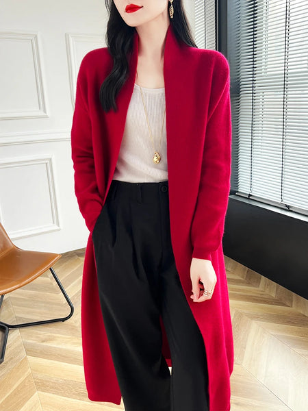 Chic Sophisticated Seamless 100% Merino Wool Open Stitch MIDI Cardigan