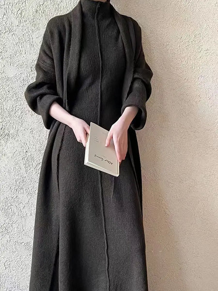 2 Piece Sleek Vintage Cotton Blend Cardigan+ A-Line MAXI Dress Set