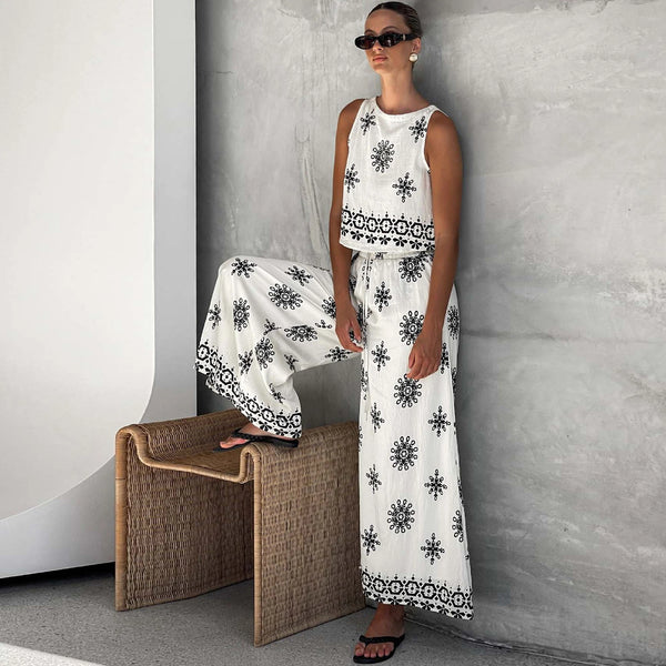 2 Piece Cotton Linen Print Tank Top+Palazzo Pants Set