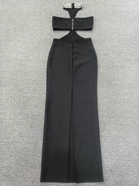 Sexy Halter Neck Cotton Blend Rhinestone MAXI Bodycon Party Dress