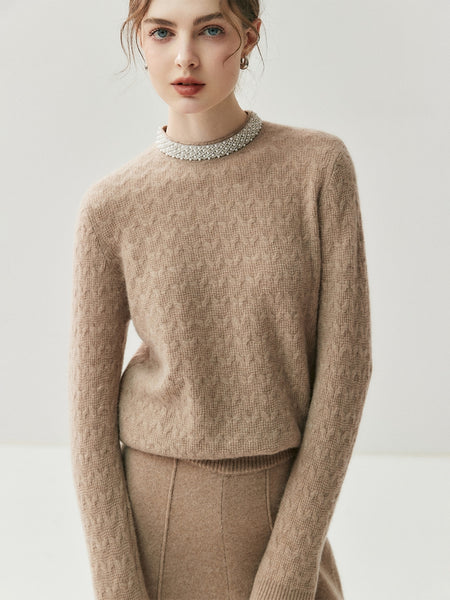 Classic French Minimalist 100% Cashmere Beaded Cable Knit Sweater