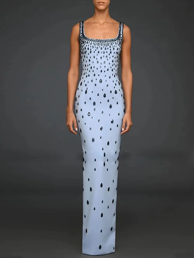 Sleek Tastefully Beaded Cotton Blend Party MAXI Dress