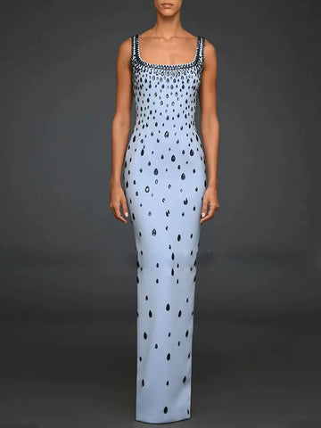 Sleek Tastefully Beaded Cotton Blend Party MAXI Dress