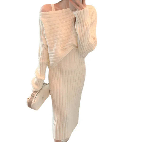 2 Piece Cotton Blend Pullover MIDI Sweater Dress+Sweater Set