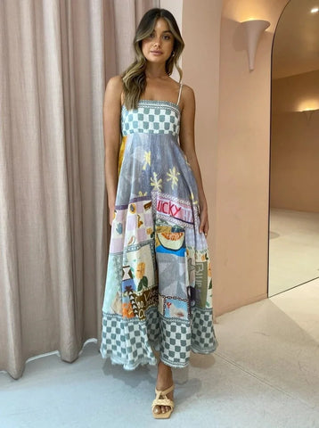 100% Linen A-Line Retro Floral Print Maxi Sundress