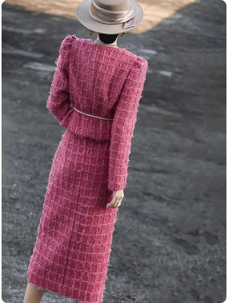 2 Piece Cotton+Wool Blend Autumn Winter English Tweed MIDI Skirt Set - Wigging It Etc