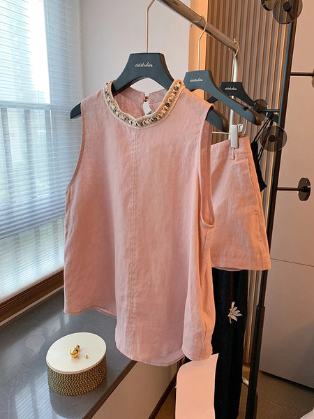 2 Piece Chic Minimalist Beaded Cotton Linen Shorts Set