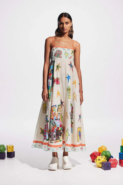 100% Linen A-Line Retro Floral Print Maxi Sundress
