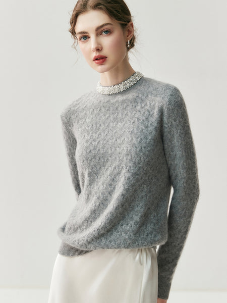 Classic French Minimalist 100% Cashmere Beaded Cable Knit Sweater
