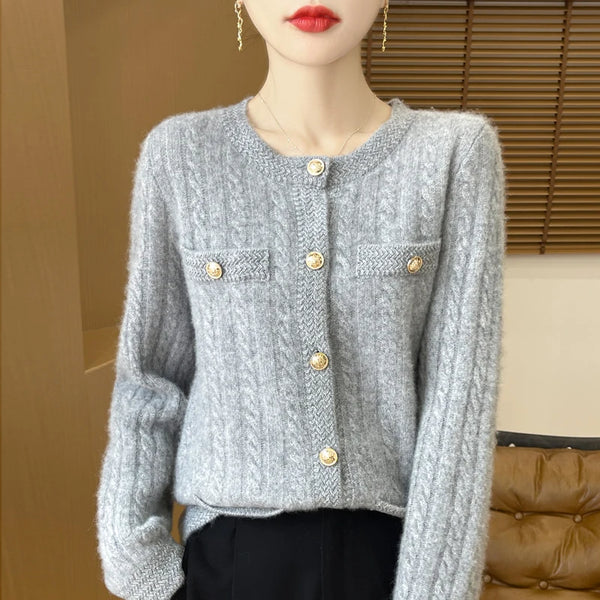 100% Merino Wool Buttoned Chanel Style Cable Knit Cardigan