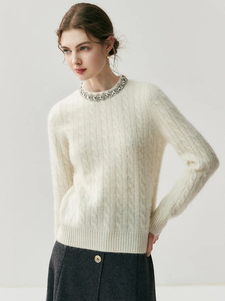 Bejeweled 100% Cashmere Cable Knit Grace Kelly Style Pullover Sweater