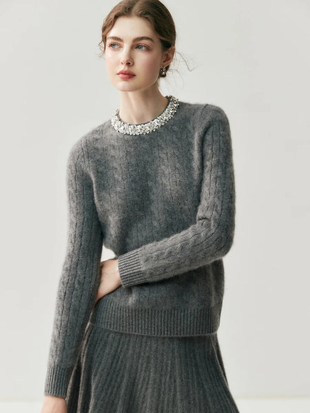 Bejeweled 100% Cashmere Cable Knit Grace Kelly Style Pullover Sweater