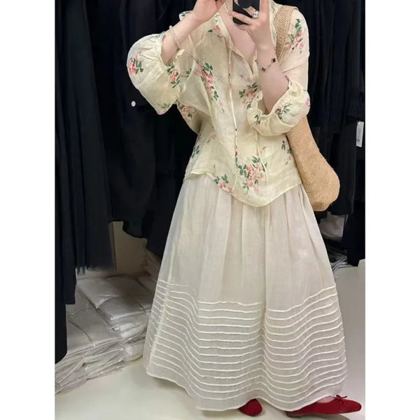 Elegant Upscale Ruched A-Line Ramie Linen MAXI Skirt