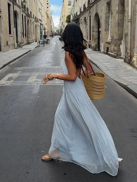 Vintage Sexy Pleated Plunging Back Bohemian MAXI Dress