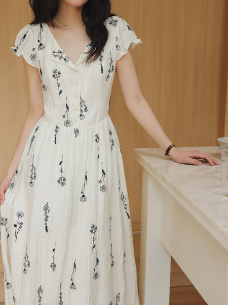 Minimalist Linen Blend A-Line Embroidered French Floral MIDI Dress