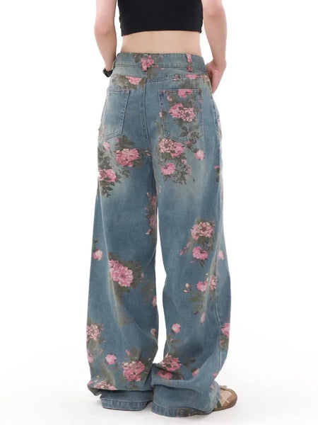Funky Retro Rose-Patterned Mid-Waisted Palazzo Jeans