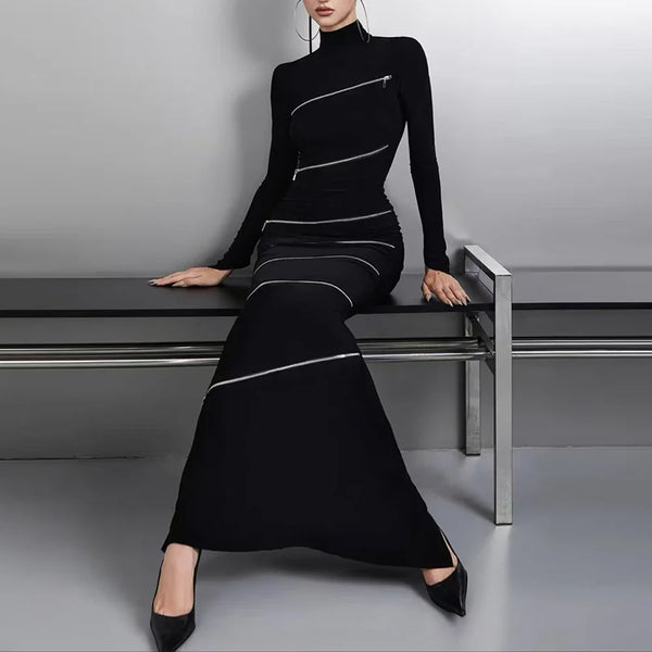 Sexy Zippy Cotton Blend Bodycon Figure Hugging Party|Club MAXI Dress