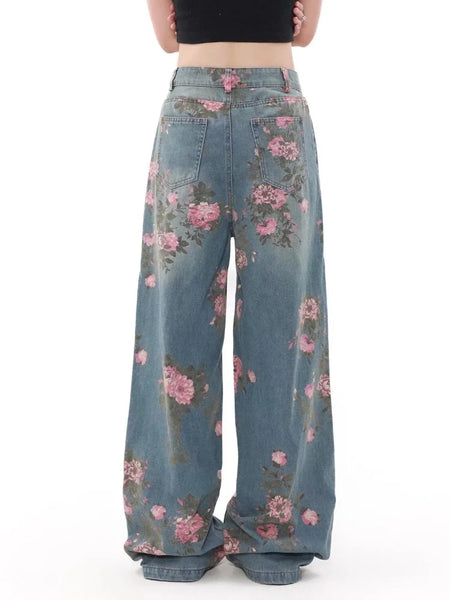 Funky Retro Rose-Patterned Mid-Waisted Palazzo Jeans