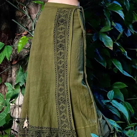 Cotton Linen Print Ethnic Bohemian A-Line MIDI Skirt