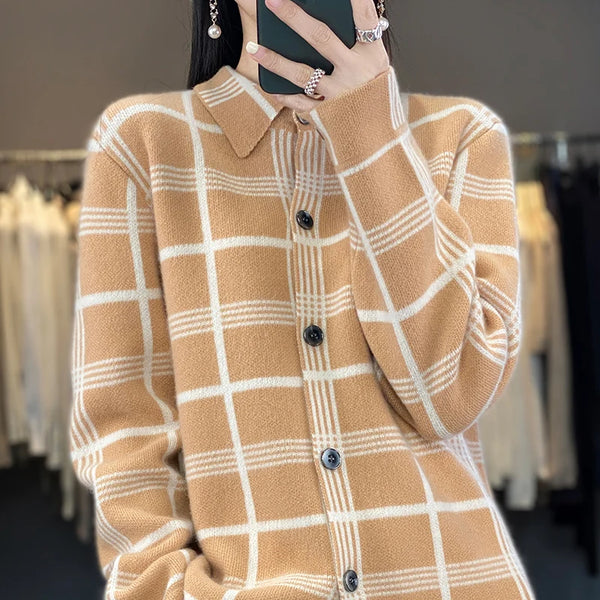 100% Cashmere Single Breasted Plaid Cardigan Sweater