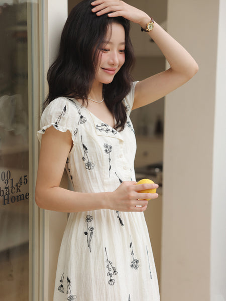 Minimalist Linen Blend A-Line Embroidered French Floral MIDI Dress