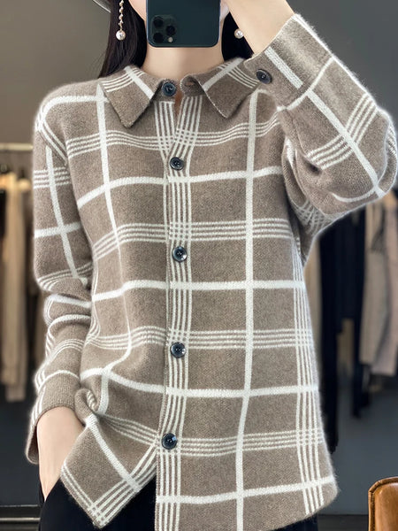 100% Cashmere Single Breasted Plaid Cardigan Sweater