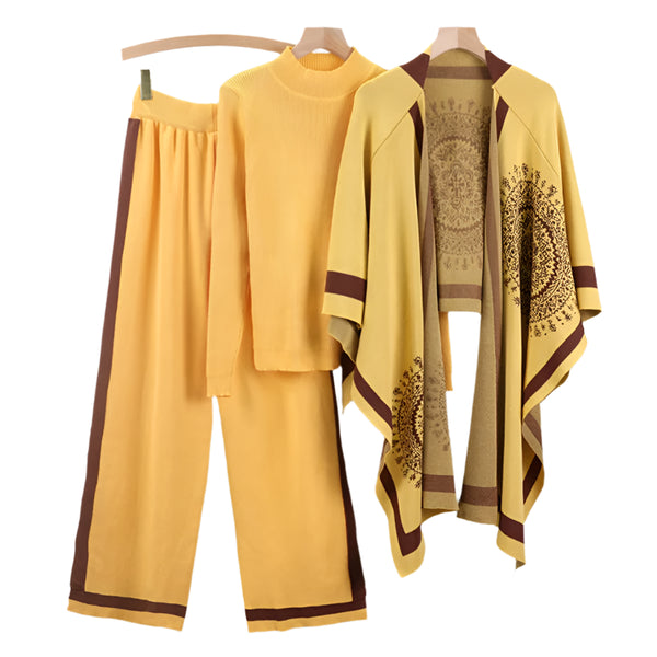 Comfy 3-Piece Vintage Pullover Shawl+Sweater+Palazzo Pants Knit Set 