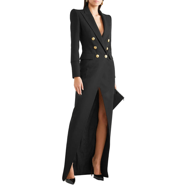 Sexy Sophisticated Cotton Blend Notched Front Split MAXI Coat Dress