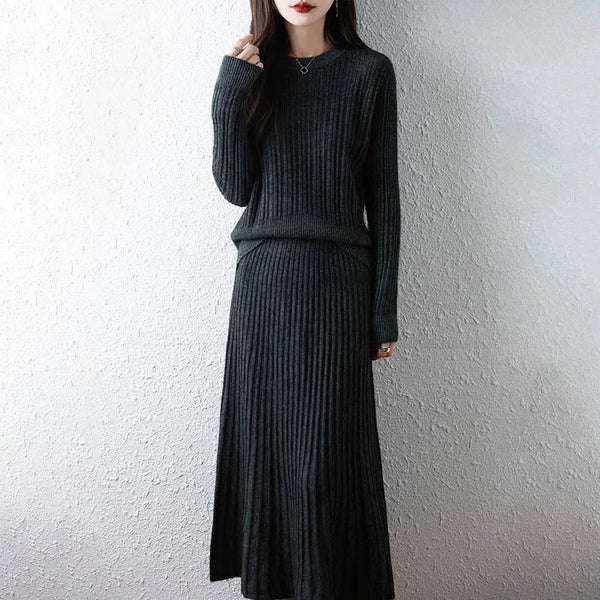 Elegant 100% Merino Wool Pullover Sweater+A-Line MAXI Skirt Set